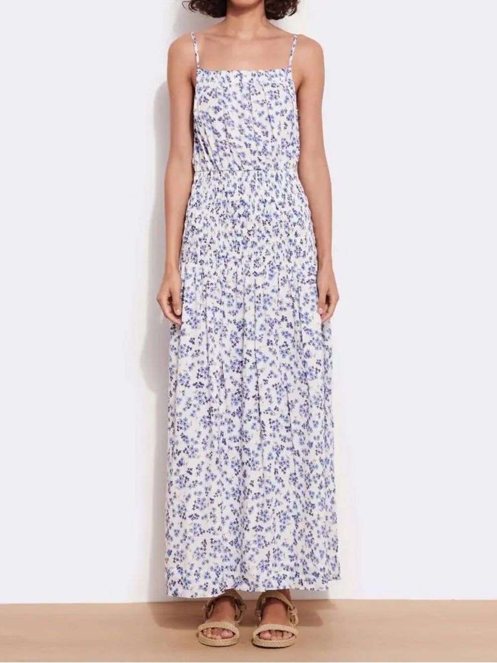 Sundry Ditsy Smocked Maxi Dress Midi High Neck Floral Printed Summer Flowy White